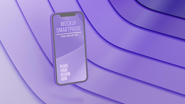 Smartphone with mockup screen frying isolated on purple abstract background  