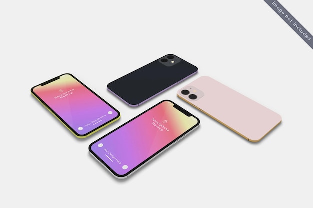 PSD smartphone with multiple colors mockup on high angle view