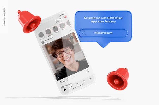 Smartphone with notification app icons mockup, front view