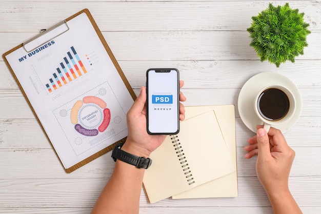 smartphone with office desk psd mockup