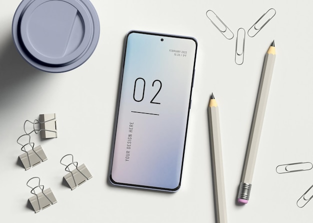 PSD オフィスアイテムのモックアップを備えたスマートフォン