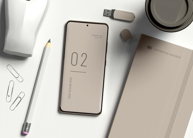 Smartphone con mockup di articoli per ufficio