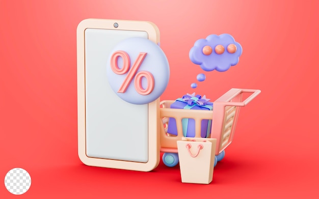 Smartphone con badge percentuale carrello borsa segno concetto di rendering 3d per offerta di sconto