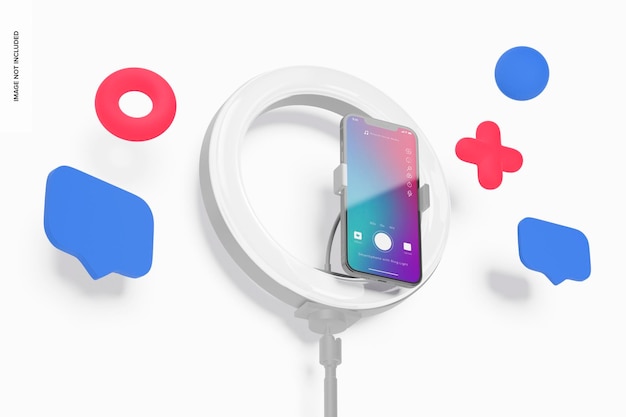 Smartphone con ring light mockup, inquadratura dal basso