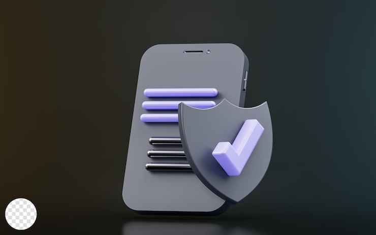 PSD smartphone with security shield check mark sign on dark background 3d render concept protection
