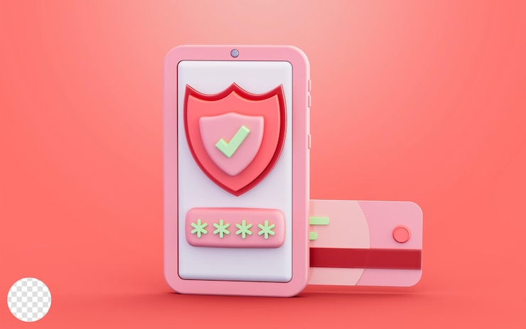 PSD smartphone with shield check mark credit card sign 3d illustration for online payment security