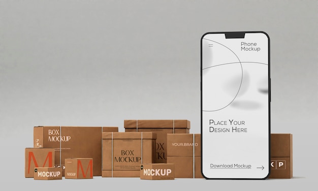 PSD smartphone with shipping box mock-up design