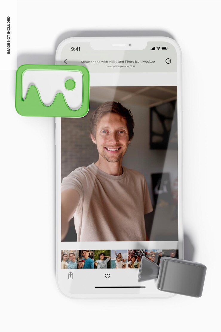 PSD smartphone with video and photo icons mockup, top view 02