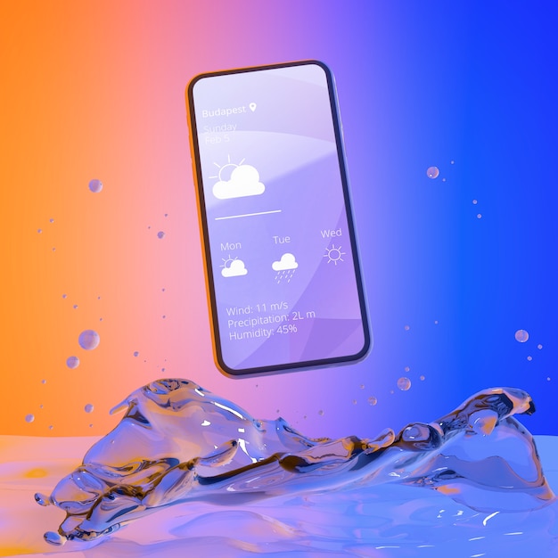 PSD smartphone with weather app and colorful liquid background