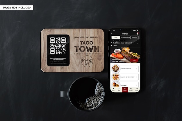 PSD smartphone with wooden sign digital menu mockup