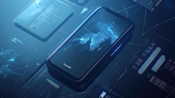 PSD a smartphone with a world map on the screen surrounded by other blue glowing screens and data
