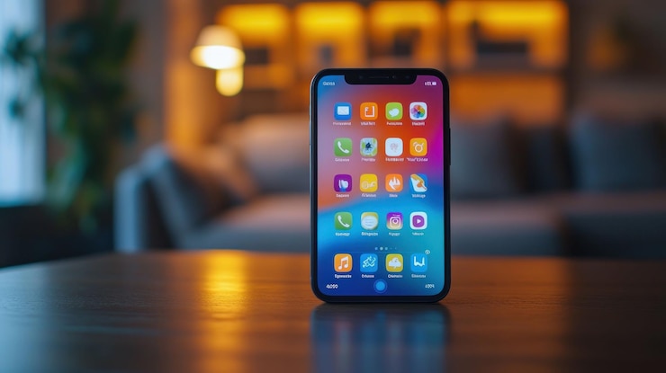PSD smartphone on wooden table in cozy living room