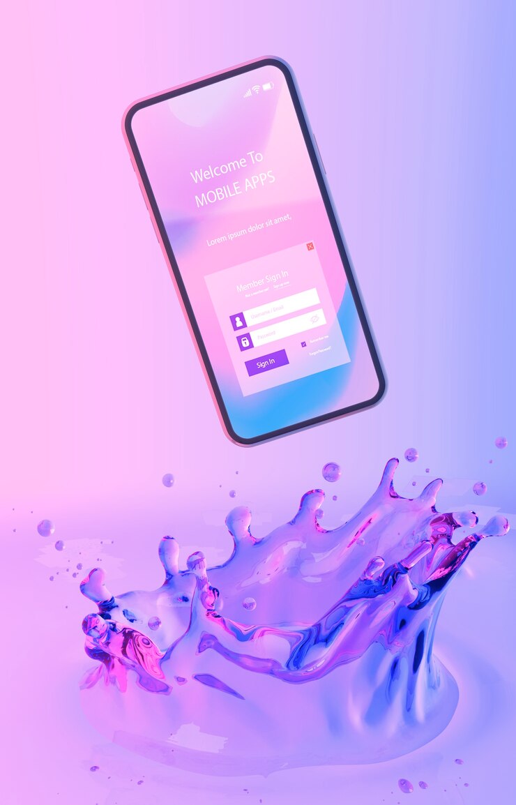 PSD smartphone ze stroną logowania i kolorowym płynnym tłem