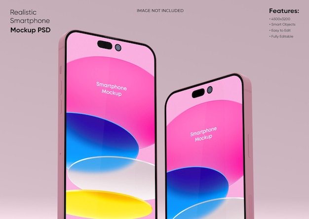 Smartphone 14 pro max mockup per il marchio dell'interfaccia utente di app e siti web 2 telefoni nella parte anteriore del rendering 3d