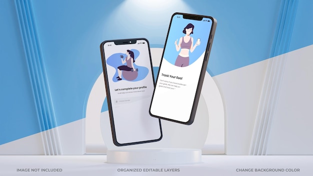 smartphones mockup scene with podium and interior arch ui ux design presentation
