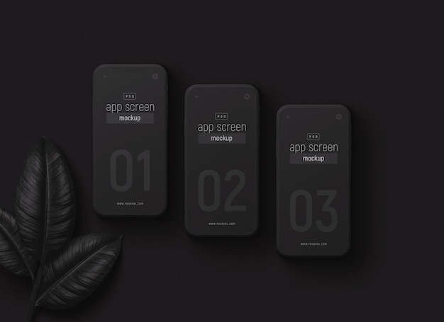 Smartphones set mockup with black leaves