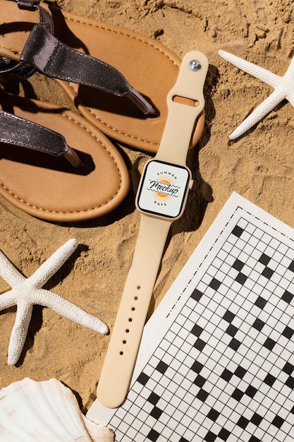 Smartwatch mock-up in summer traveling arrangement