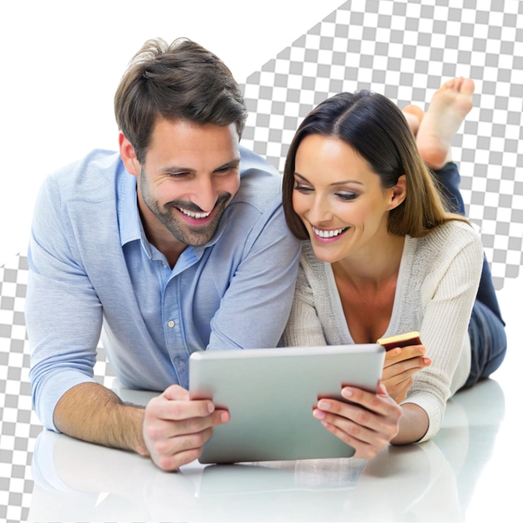 PSD smiley couple on sofa doing some online shopping