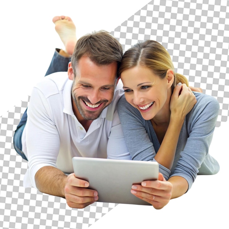 PSD smiley couple on sofa doing some online shopping