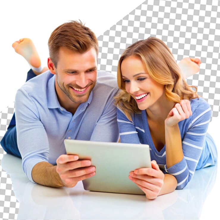 PSD smiley couple on sofa doing some online shopping