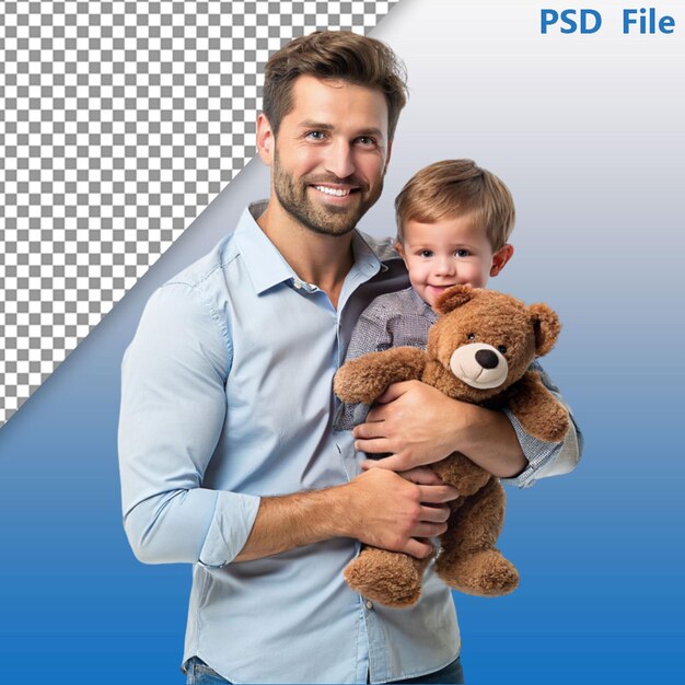 PSD smiley father holding his child with copy space