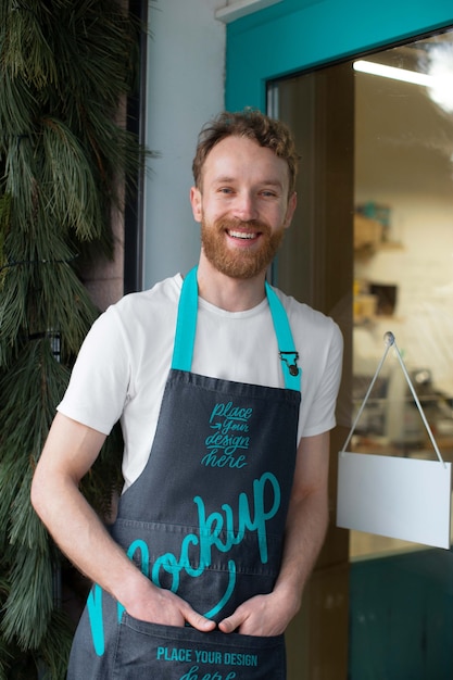 PSD smiley man wearing apron front view