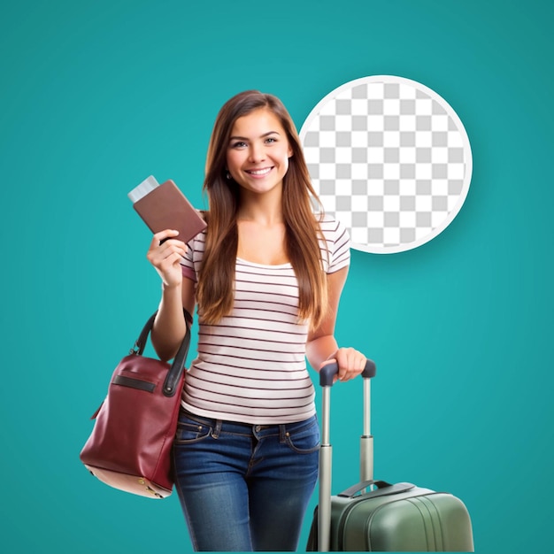 PSD smiley woman sitting on her baggage