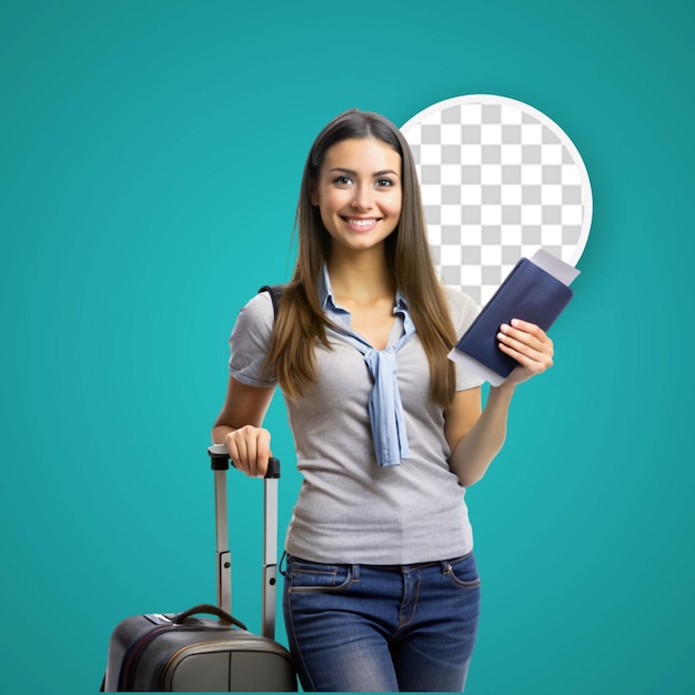 PSD smiley woman sitting on her baggage