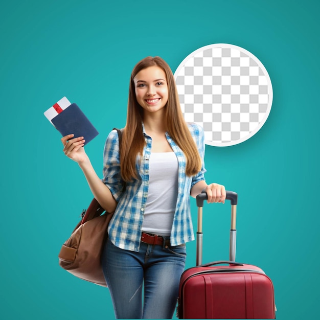 PSD smiley woman sitting on her baggage