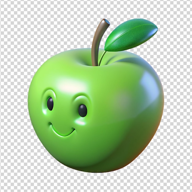 PSD smiling 3d cartoon green apple with green leaf isolated on transparent background
