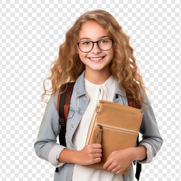 PSD smiling active excellent best student schoolgirl holding books and copybooks going to school