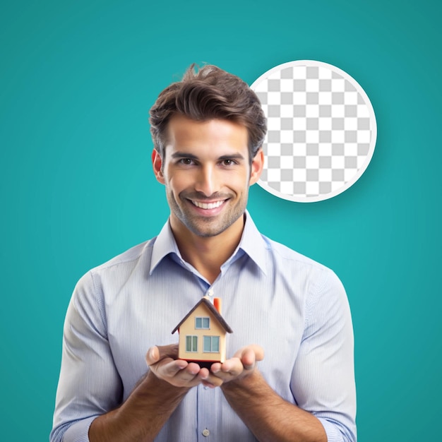 PSD smiling adult showing a wooden house