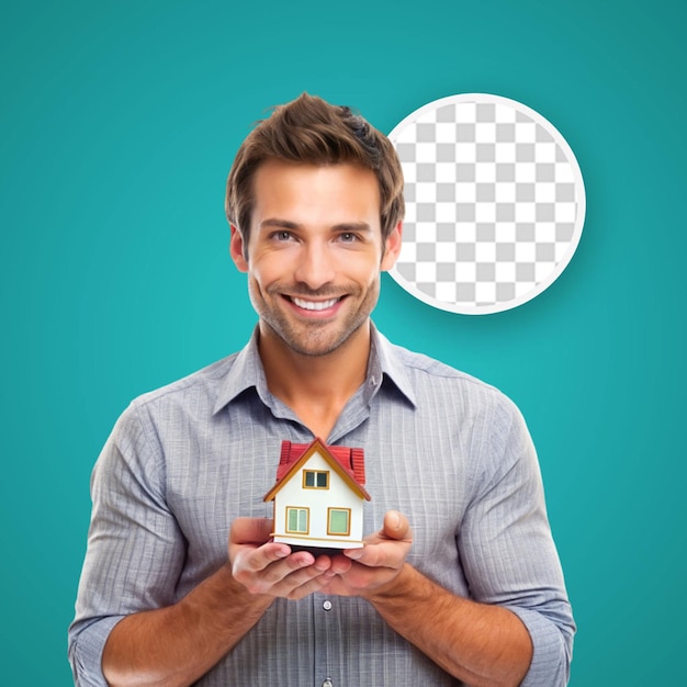 PSD smiling adult showing a wooden house