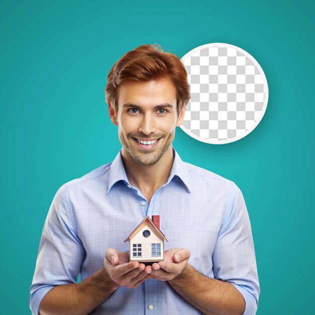 PSD smiling adult showing a wooden house