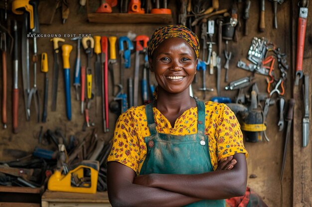 Smiling African woman mechanic in her workshop arms crossed tools background