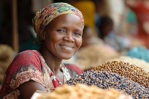 smiling african woman selling nuts and dried fruits at a market