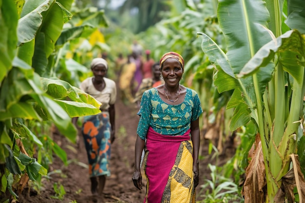Smiling African women working in a banana plantation