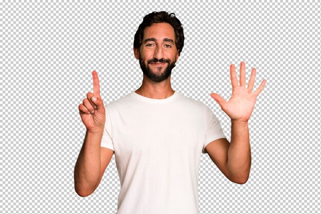 Smiling and looking friendly showing number six or sixth with hand forward counting down