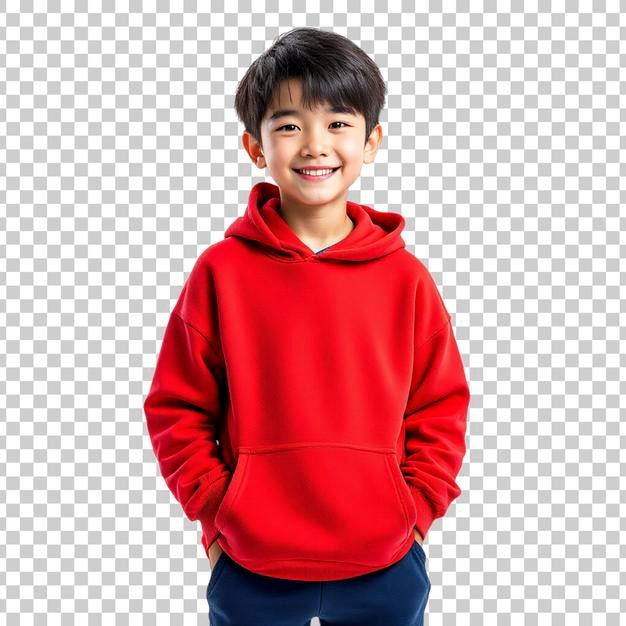 PSD 赤いフードを着た笑顔のアジア人少年