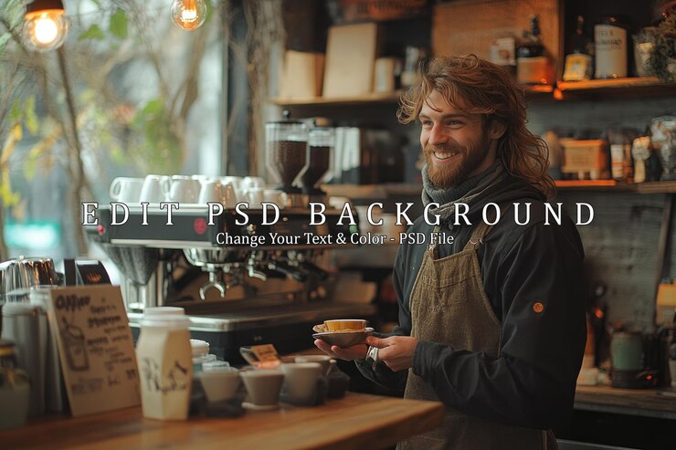 PSD smiling barista serving coffee