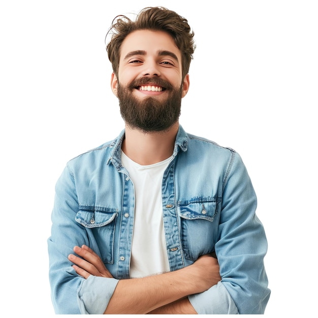 Smiling bearded young male model rejoices coming weekends dressed casually