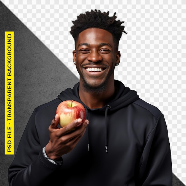 PSD smiling black man is eating an apple transparent background psd