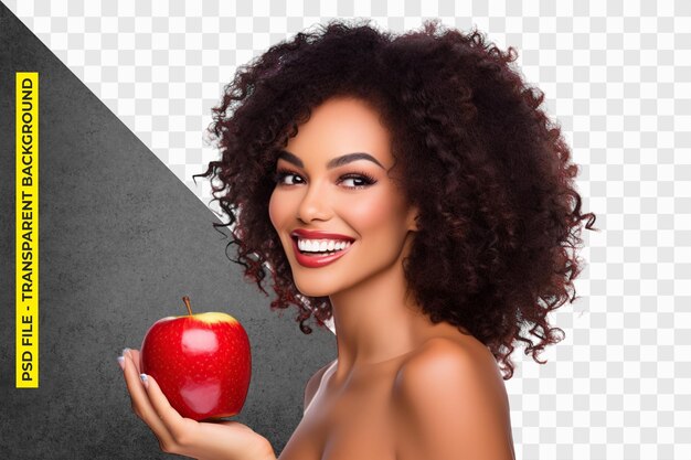 Smiling black woman holding an apple PSD file