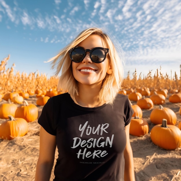 PSD smiling blonde girl in fall black tshirt mockup with pumpkins and blue sky