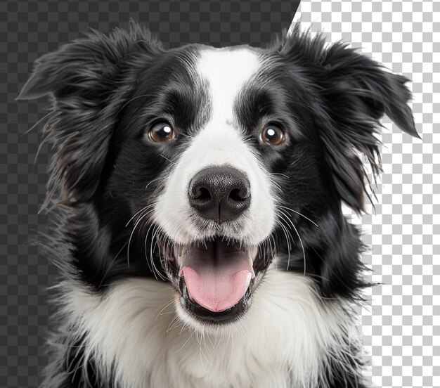 PSD border collie sorridente con pelliccia bianca e nera che guarda avanti su uno sfondo trasparente