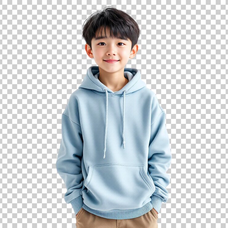 PSD 明るい青いフードを着た笑顔の男の子