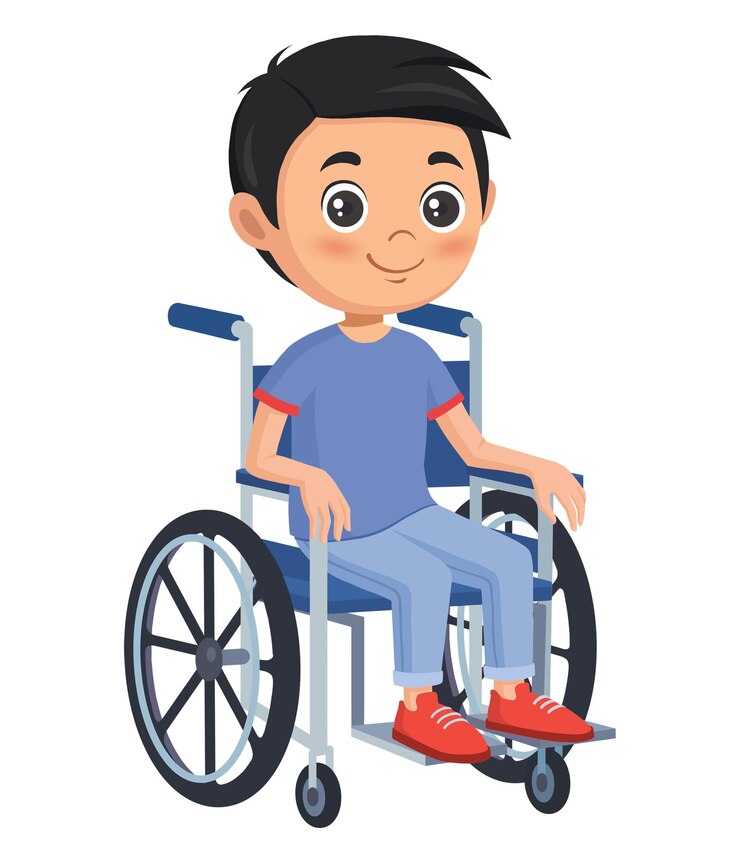 PSD smiling boy with disability on wheelchair wearing in modern clothes isolated on white background