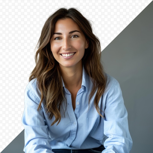 PSD smiling brunette businesswoman sitting against gray isolated background confident female professional is wearing blue shirt she is having brown hair copy space