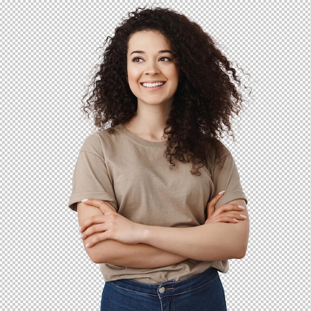Smiling brunette curly woman on white