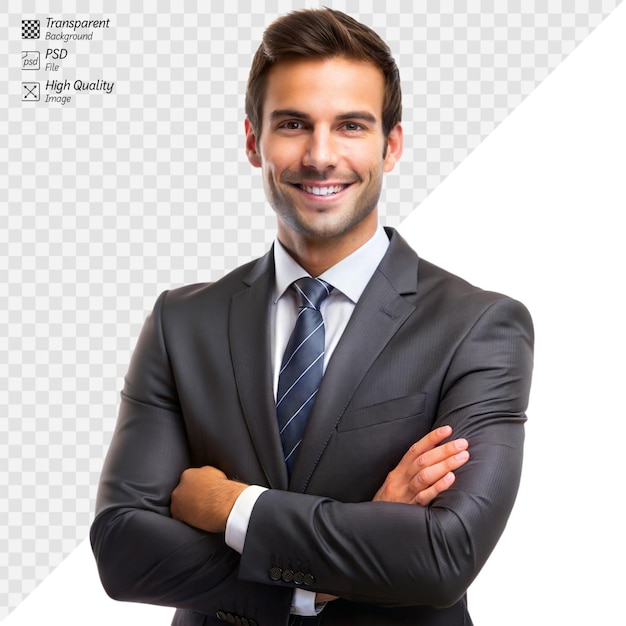 PSD a smiling businessman in a dark suit with a striped tie stands confidently with arms crossed against a white background